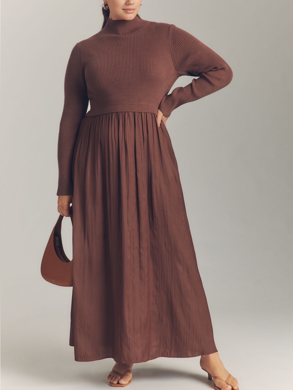 Anthropologie Thea Twofer Long-Sleeve Maxi Dress New Xl Silky Root Beer Brown
